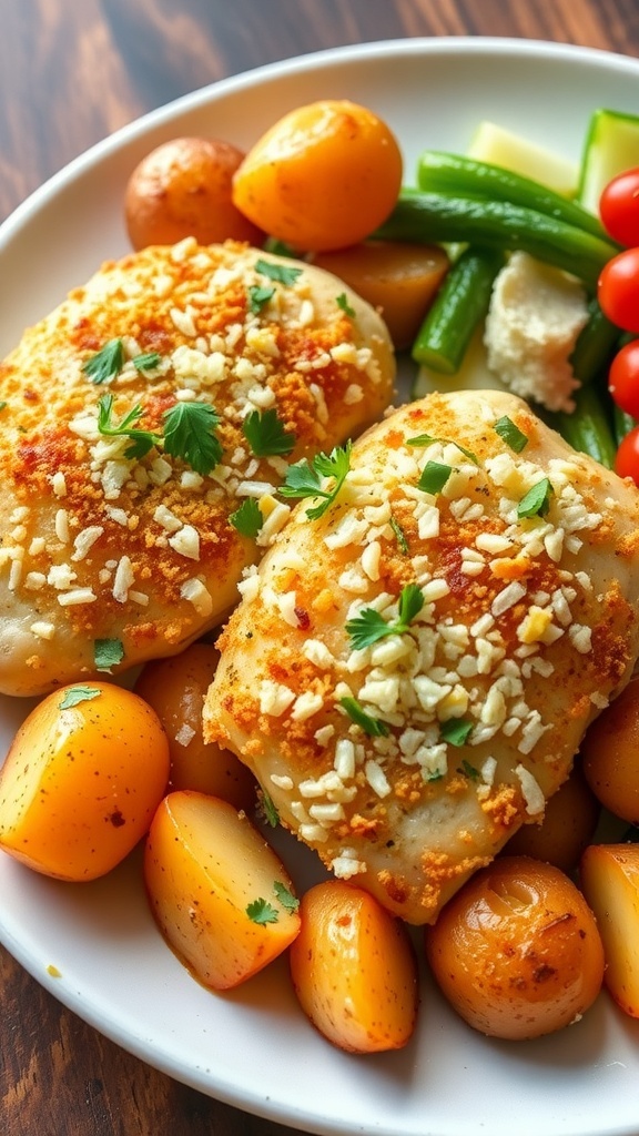 Baked garlic parmesan chicken with baby potatoes and parsley on a rustic table.